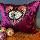 Large Purple Velvet Cushion Eye Heart Feather and Down Pad