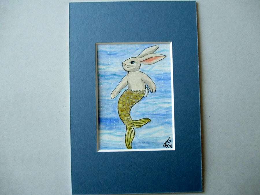 Merbunny Mermaid Bunny Rabbit ACEO original miniature painting in mount