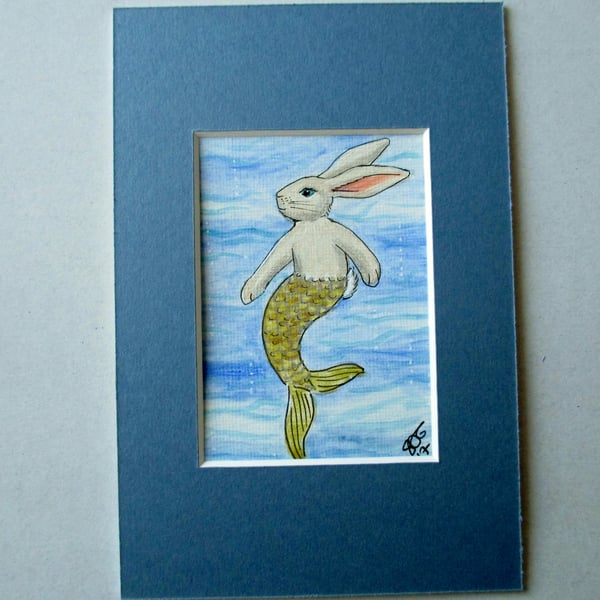 Merbunny Mermaid Bunny Rabbit ACEO original miniature painting in mount