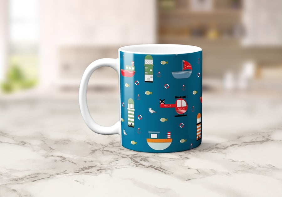 Mid Blue with a Seaside Theme Design Mug, Tea Coffee Cup