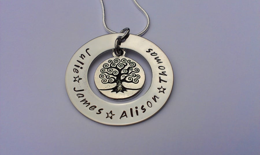 Hand Stamped personalised family tree round washer name necklace