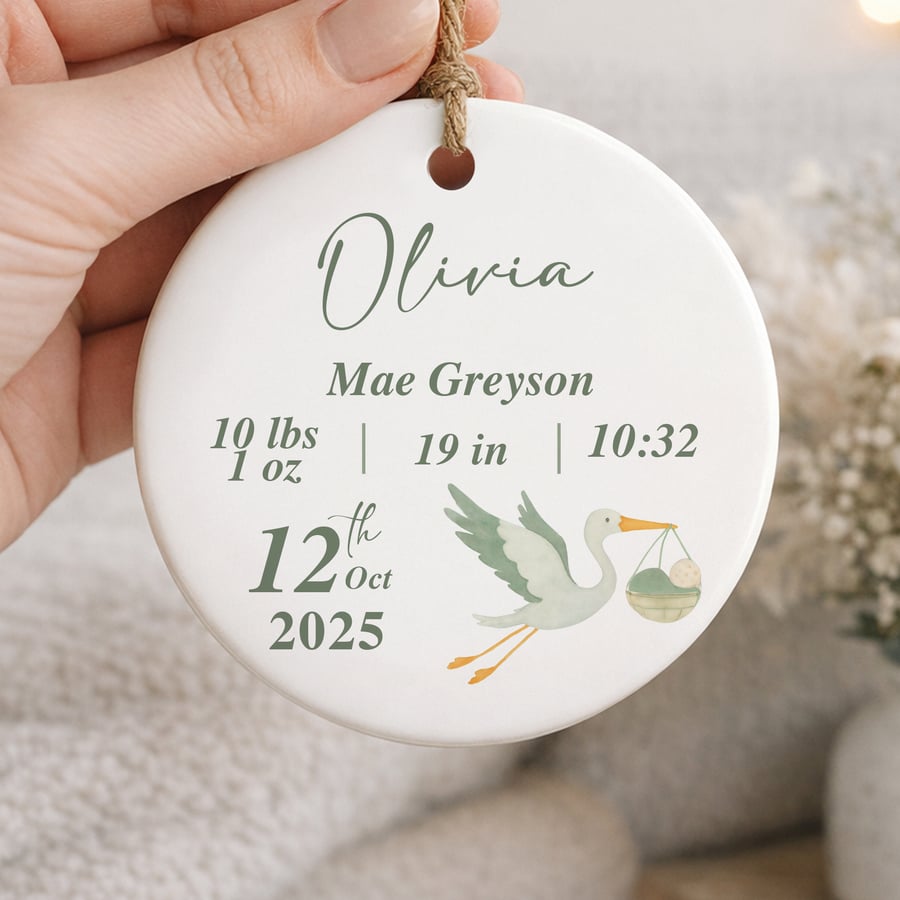 Personalised Baby Birth Stats Ornament - Stork Newborn Baby Shower Gift 
