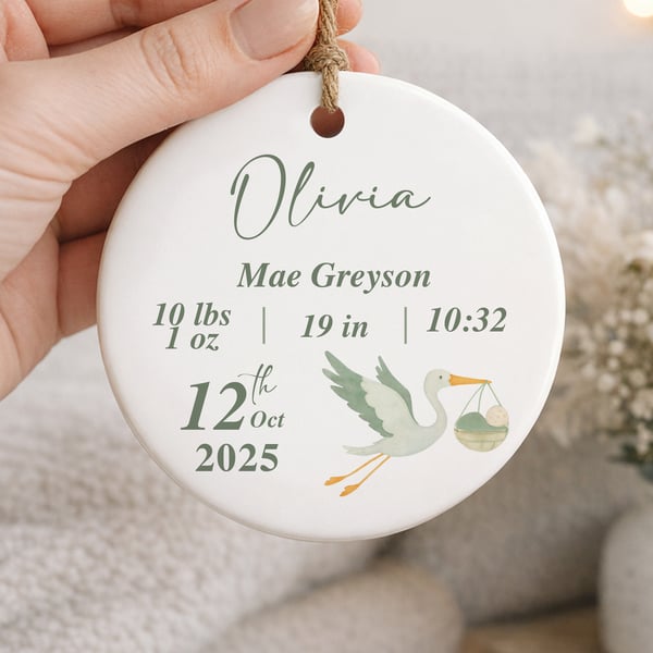 Personalised Baby Birth Stats Ornament - Stork Newborn Baby Shower Gift 