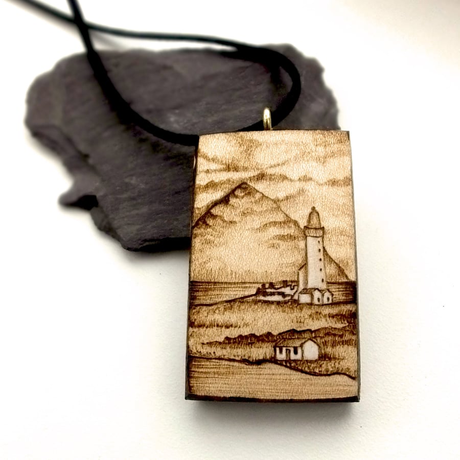 Beacon of Light, Wooden Pyrography Lighthouse Pendant Necklace Pladda