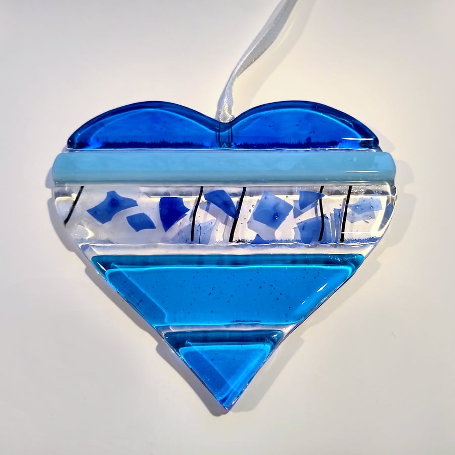 Blue textured fused glass heart light-catcher
