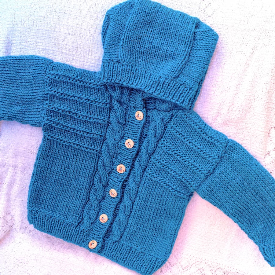 Hand Knitted Children's Cabled Hooded Jacket, Gift Ideas For Kids, Custom Make 