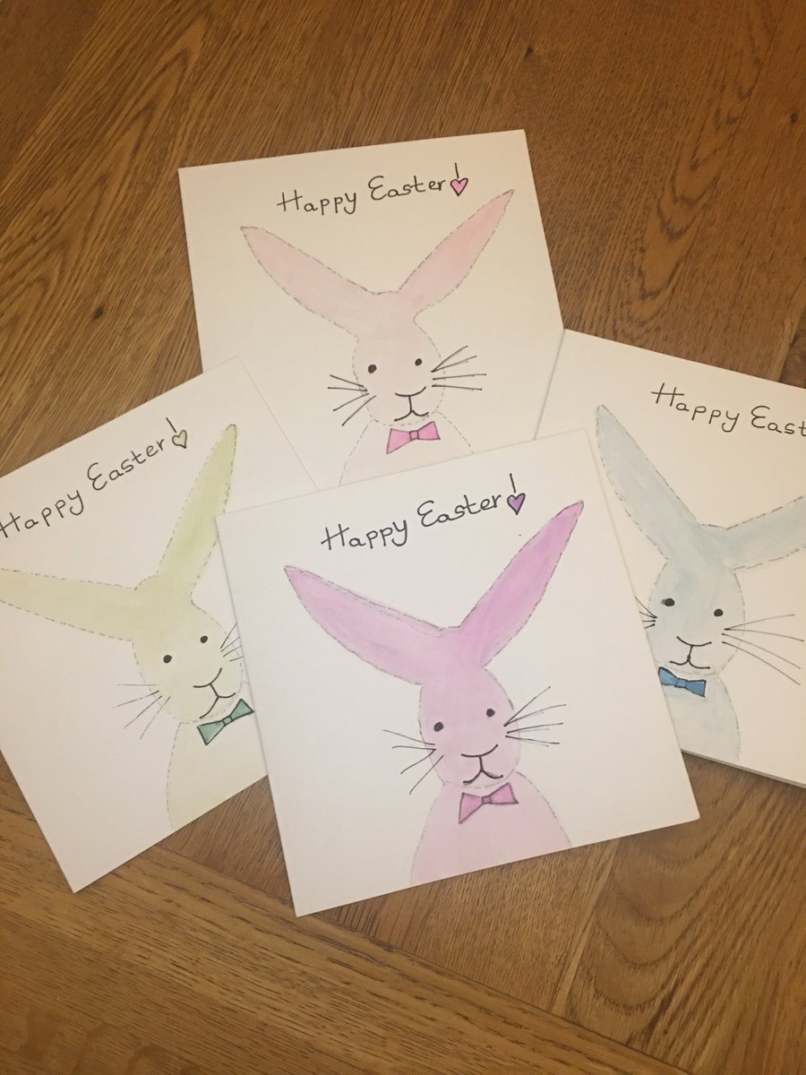 Set of 4 Easter Cards, Easter Bunny Cards, Easter Card, Hand Painted Easter Card