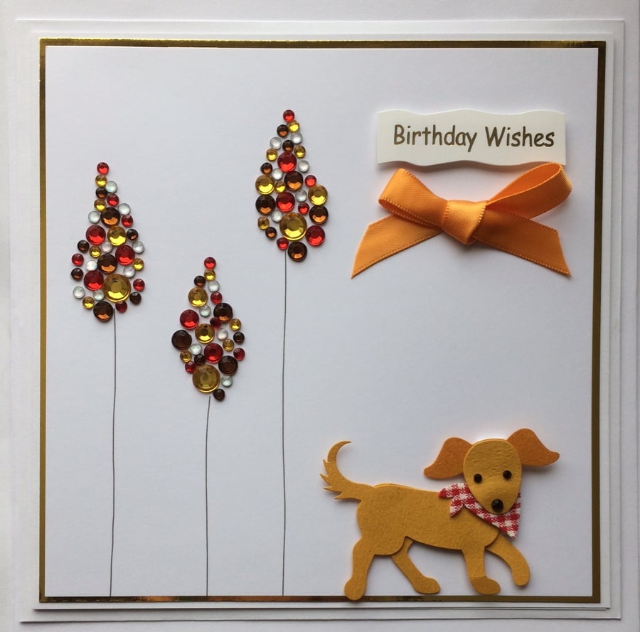 3D Luxury Handmade Birthday Wishes Card Cute Puppy Dog and Gem Trees