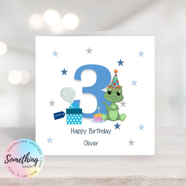 Boys 3rd  Birthday Dinosaur Greetings Card Personalised  with any text