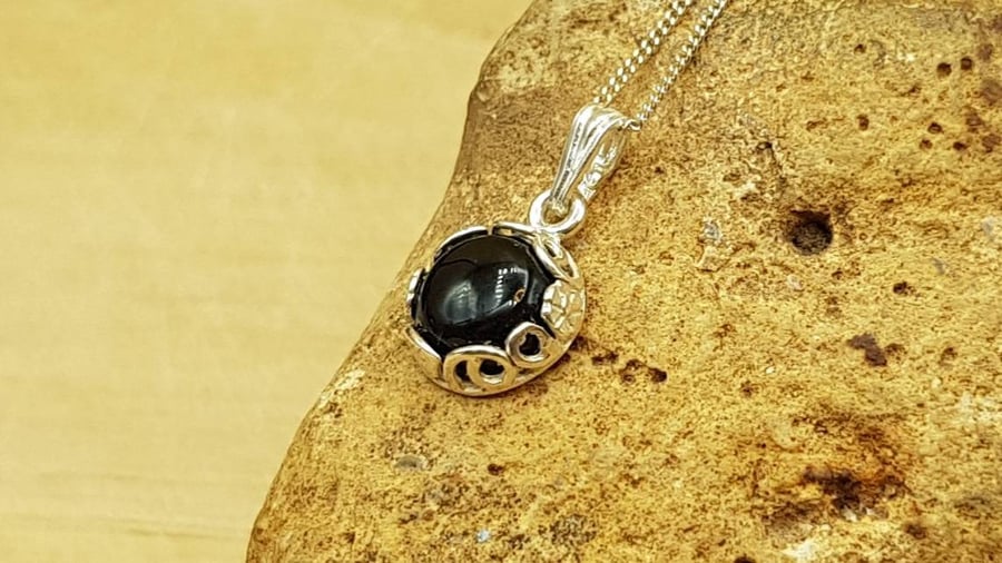 Black Obsidian pendant. Small minimalist round leaf flower necklace