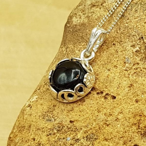 Black Obsidian pendant. Small minimalist round leaf flower necklace