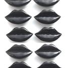 10 Bright Black Lips Buttons, 25mm (W) by 14mm (T), Shank Back