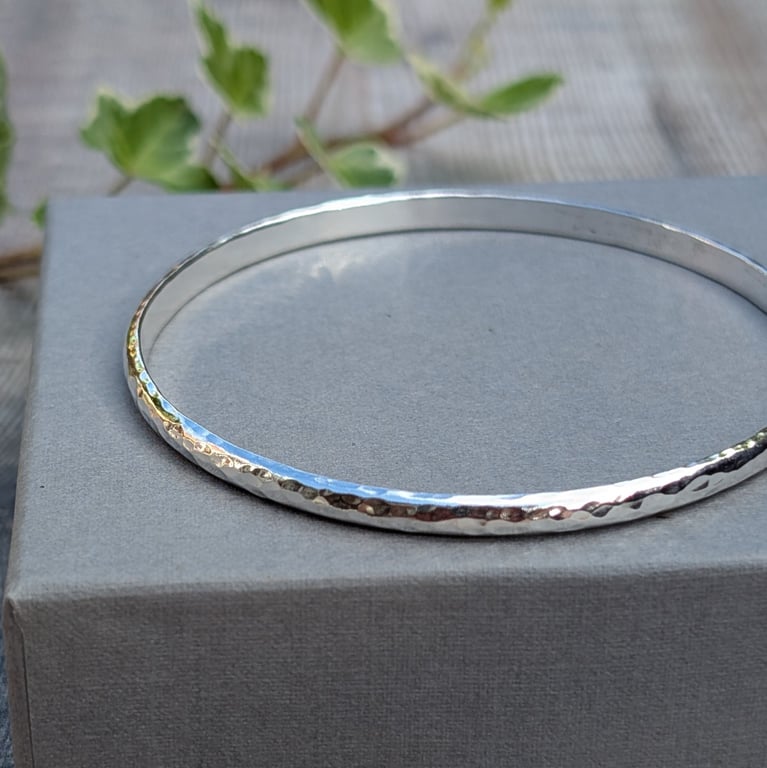 Sterling Silver Hammered D Shaped Bangle - JBJ5020