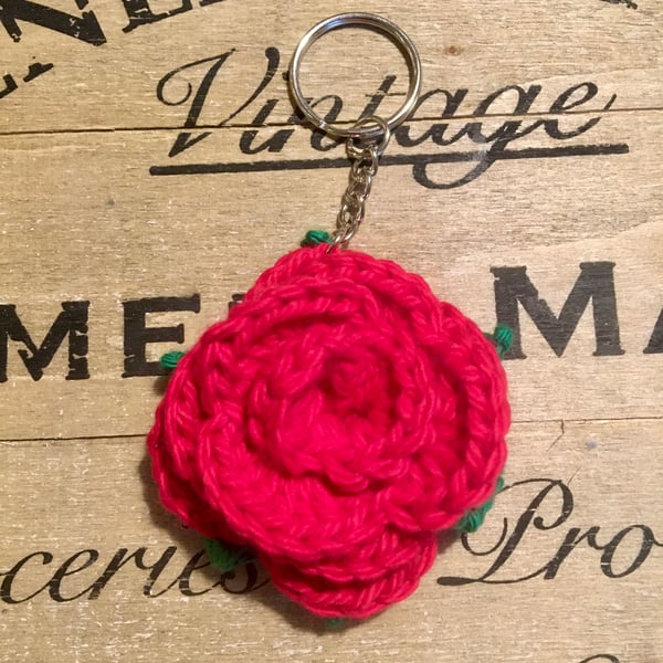 Handmade Crochet Red Rose Keyring Bag Charm