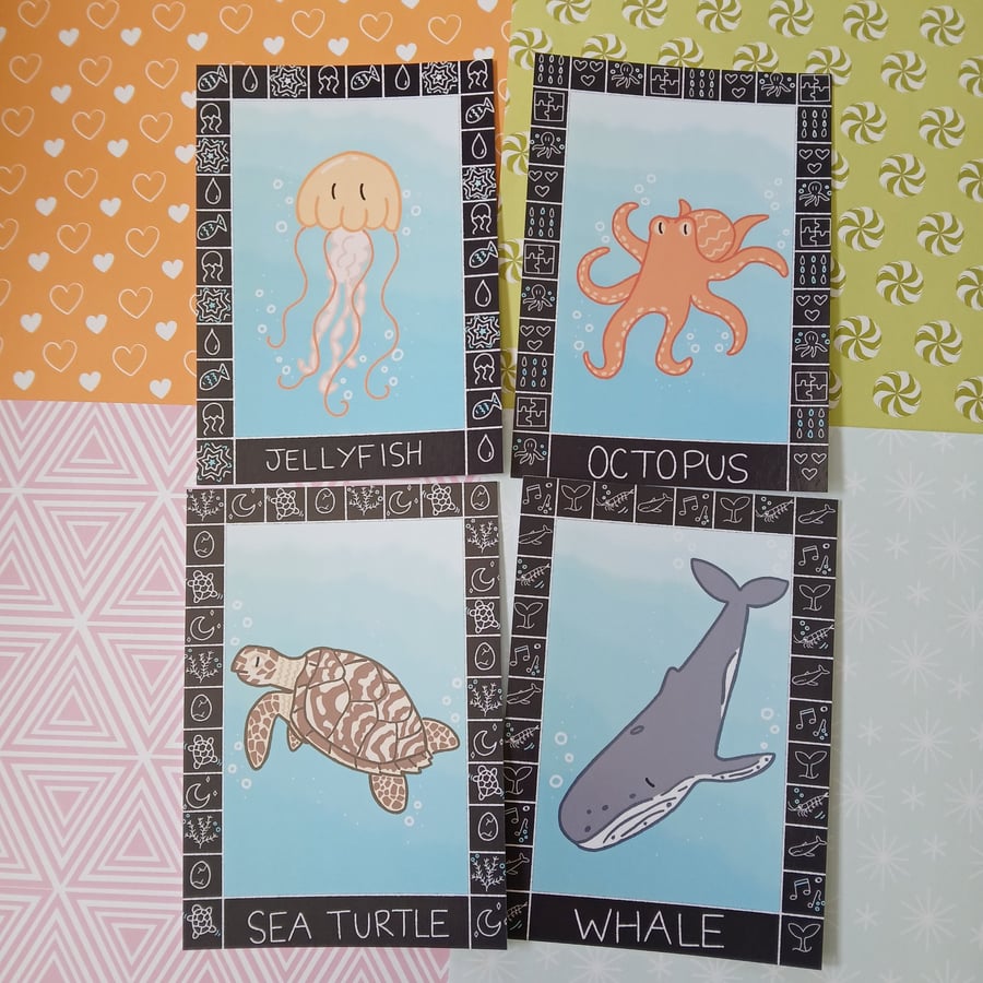 Sea Creature Postcards, Single or Set of Four: A6 Ocean Life Cards