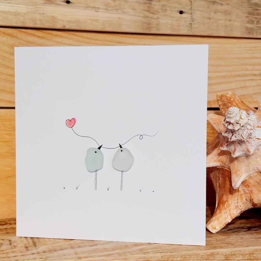 Sea Glass Birds Heart Handmade Card - Engagement Wedding Anniversary Valentine's