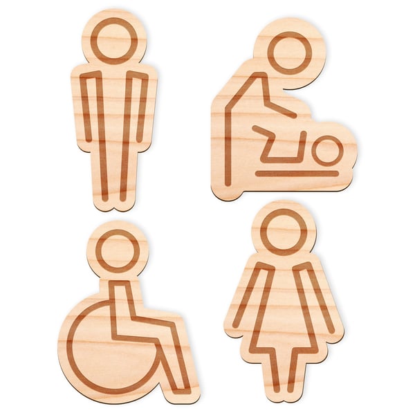 Wooden Toilet Icons Set - Wooden Restroom Signs, Men, Women, and Disabled Toilet