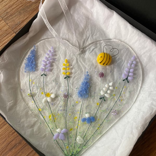 Pretty Flower meadow and honey bee bumblebee fused glass hanging heart Art Pictu