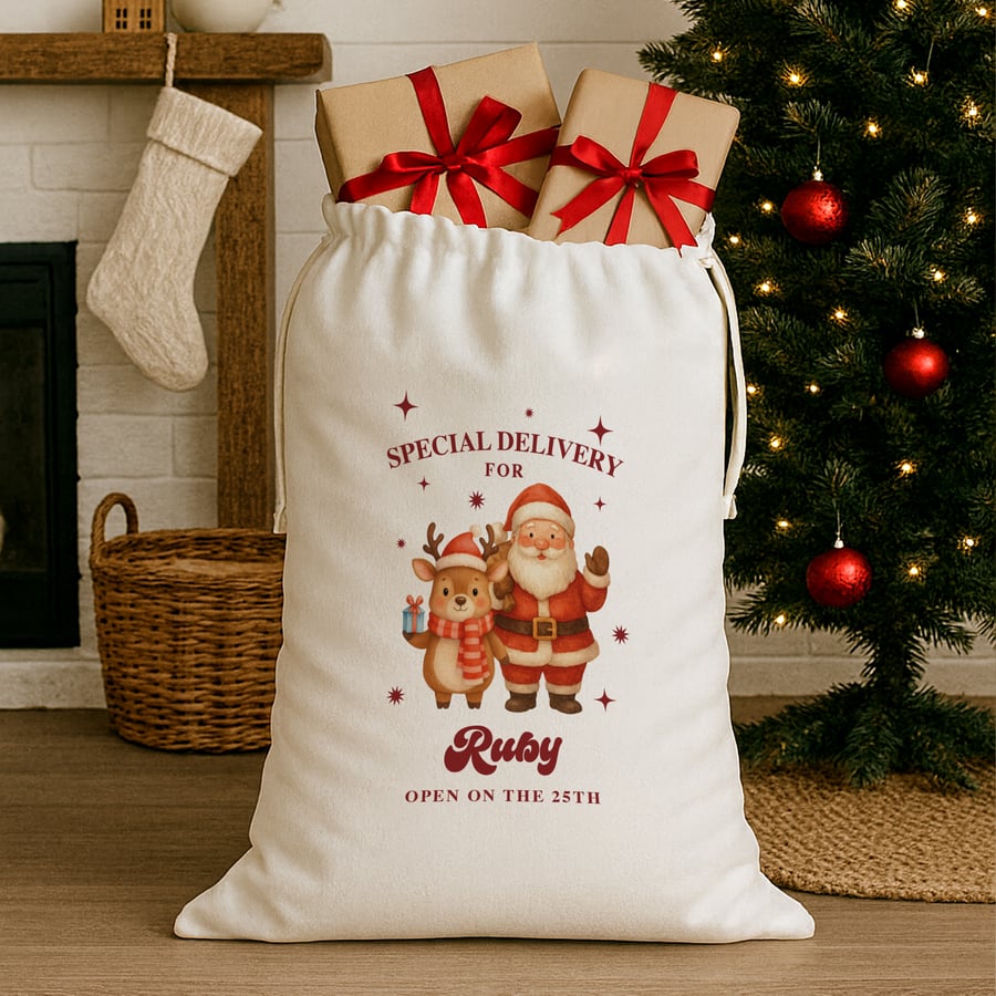 Personalised Santa Sack – Custom Special Delivery Reindeer & Santa Gift Bag