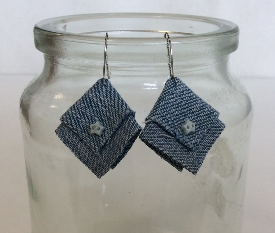 Denim earrings on surgical steel ear wires, tiny star button detail