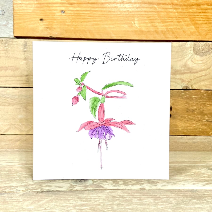 Fuchsia Birthday Card, flower card, eco friendly, for her, floral card, birthday