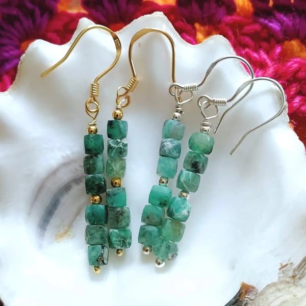 Sterling Silver Natural Emerald Cube Earrings