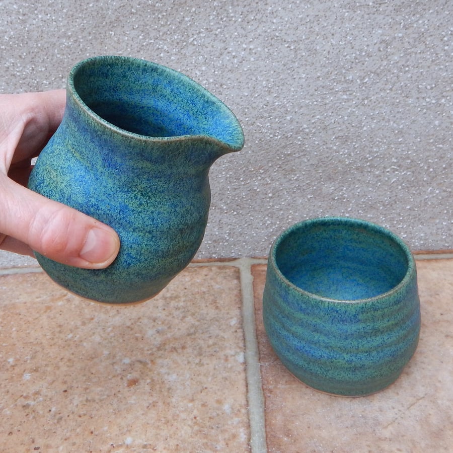 Cream jug creamer and sugar bowl set hand thrown stoneware handmade pottery 