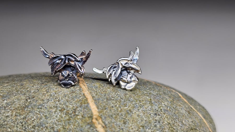 Sterling silver highland cow earrings, hallmarked, handmade, studs