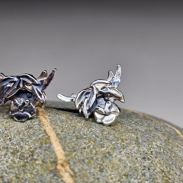 Sterling silver highland cow earrings, hallmarked, handmade, studs