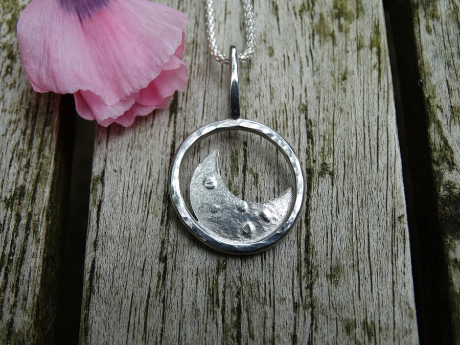 Eco Silver embossed crescent moon pebble pendant with large bail