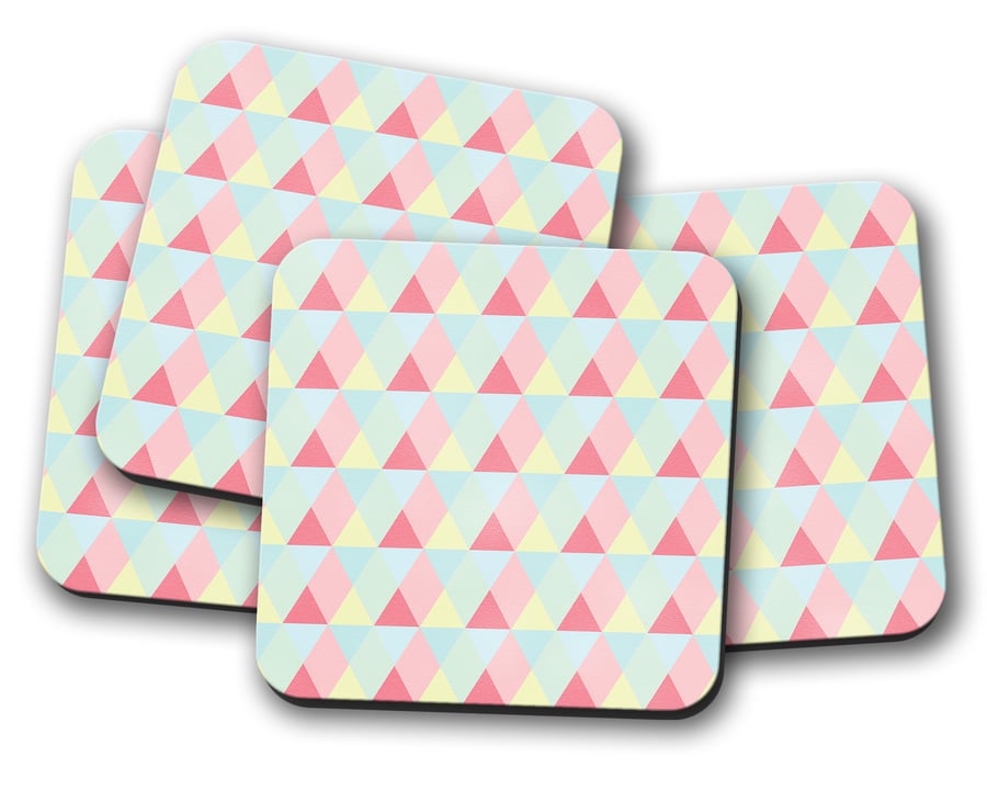 Set of 4 Pale Blue, Pink and Lemon Triangle Design Coasters, Drinks Mat