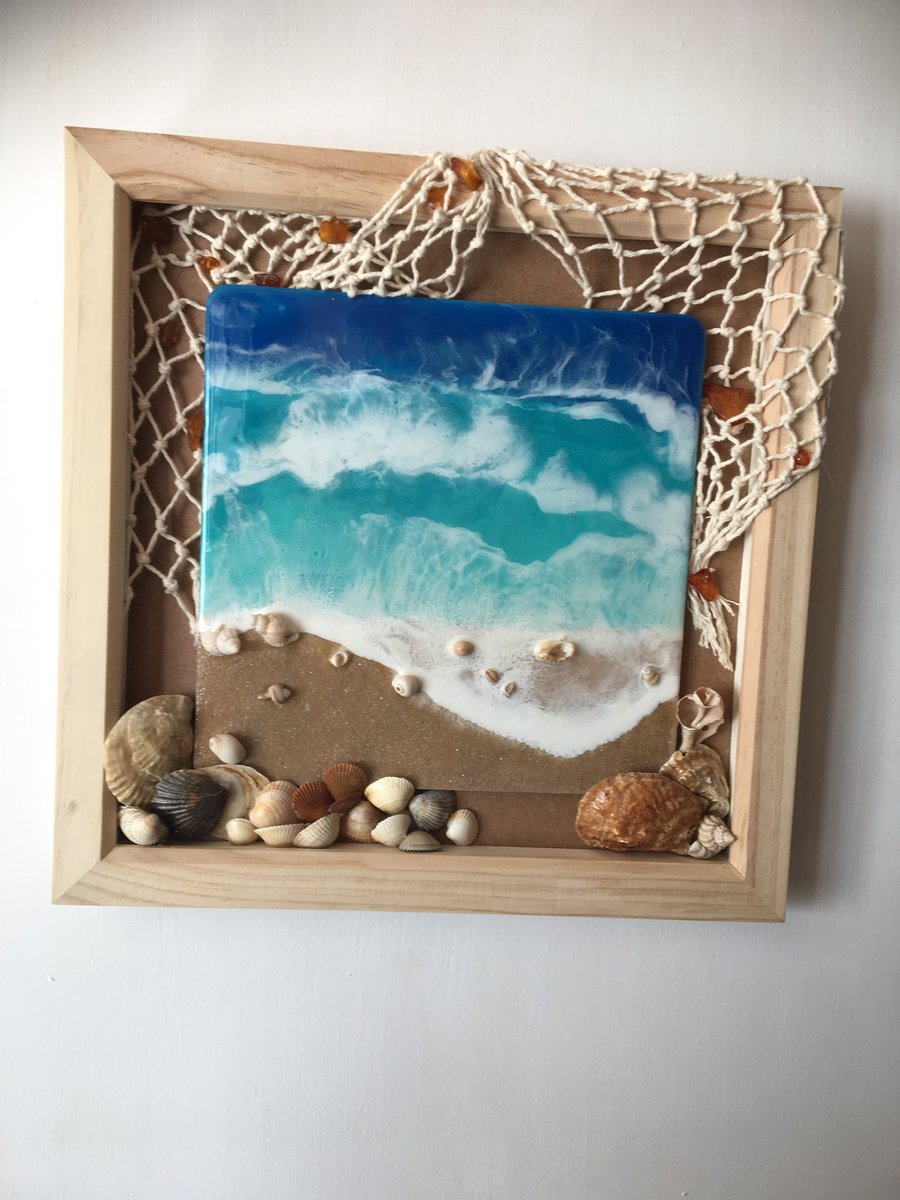 Seascape , resin art painting with shells, Amber, fishing net, framed