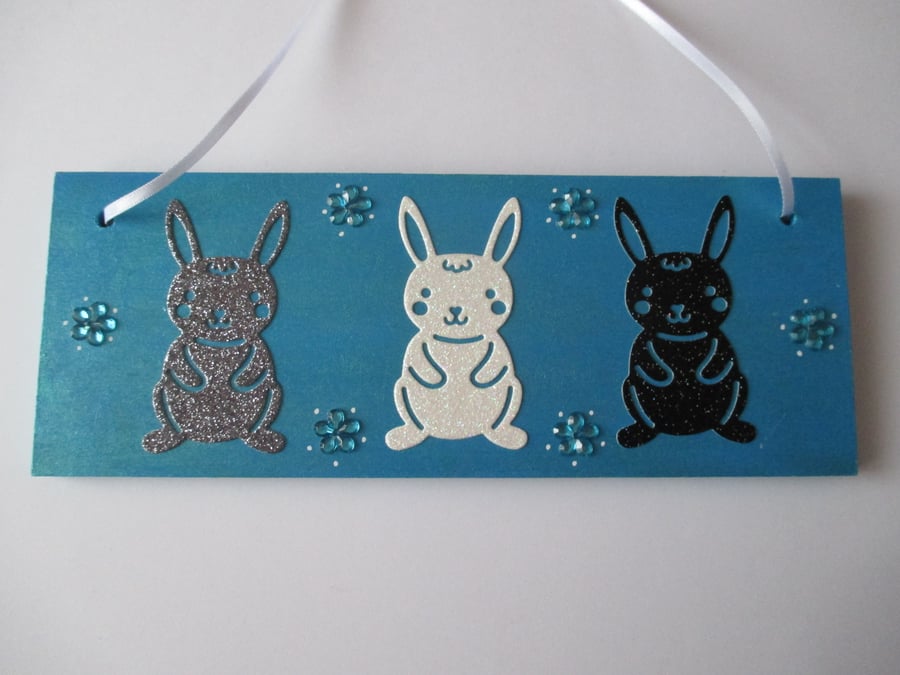 Bunny Rabbit Wooden hanging Decoration Easter Bunny Glitter Rabbit Gift Plaque