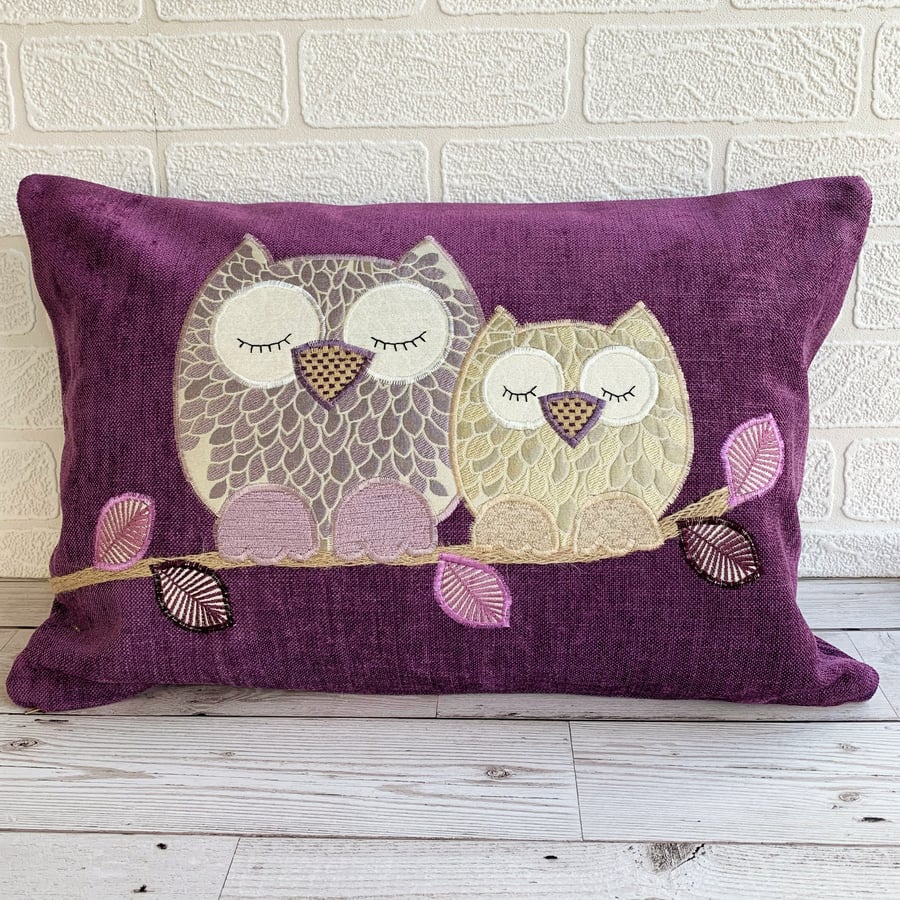 SOLD -Sleepy owls cushion with lilac and gold owls on a purple cushion