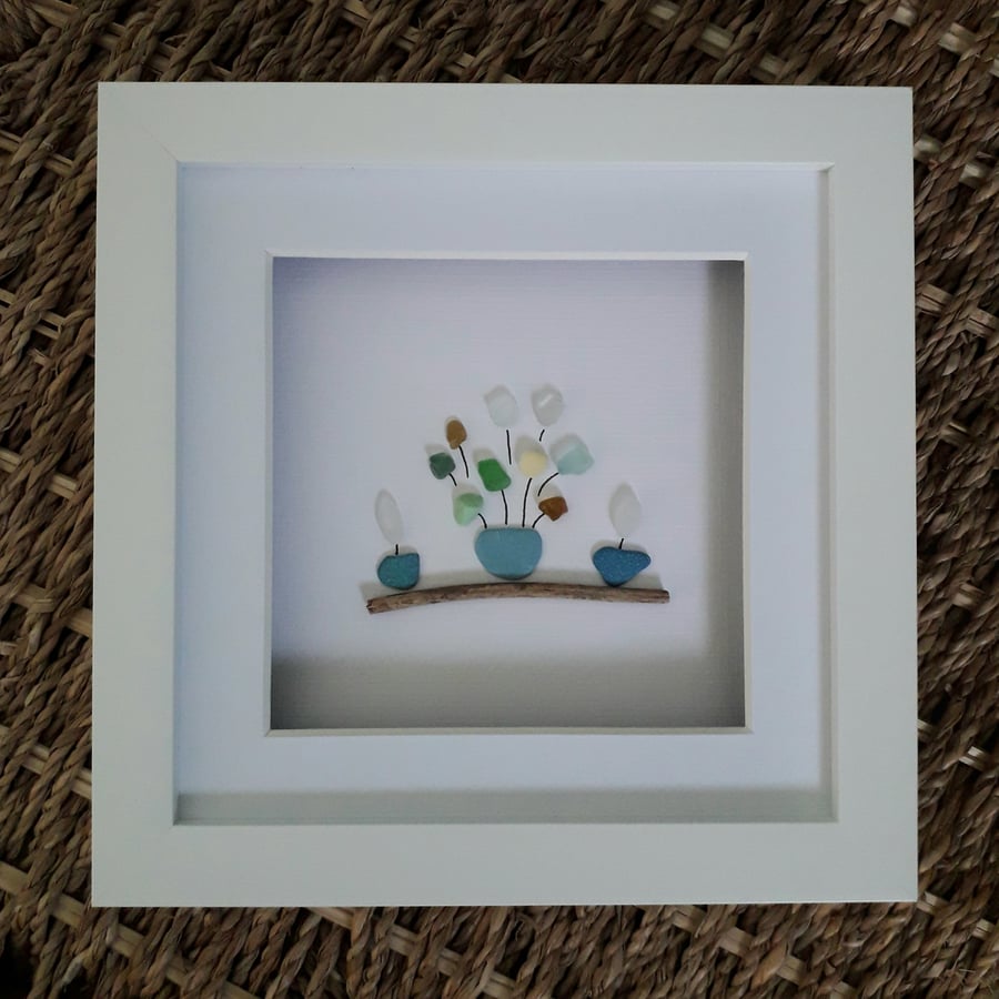 Sea Glass Art, Flowerpots on a Shelf, Framed Picture 7 x 7"