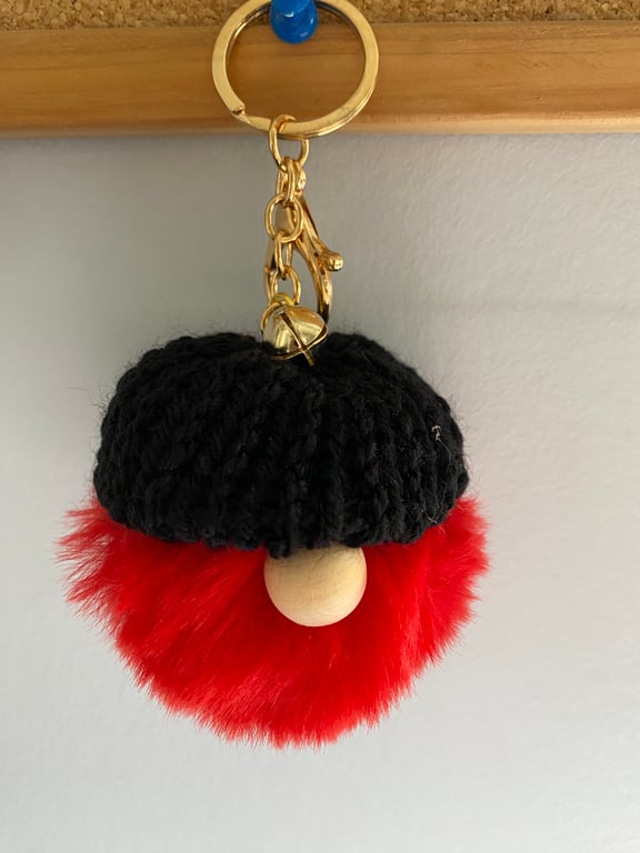Red Faux Fur Pom-Pom Gonk Keyring with Black Hand Knitted Hat