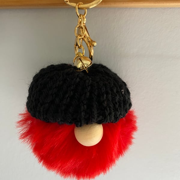 Red Faux Fur Pom-Pom Gonk Keyring with Black Hand Knitted Hat
