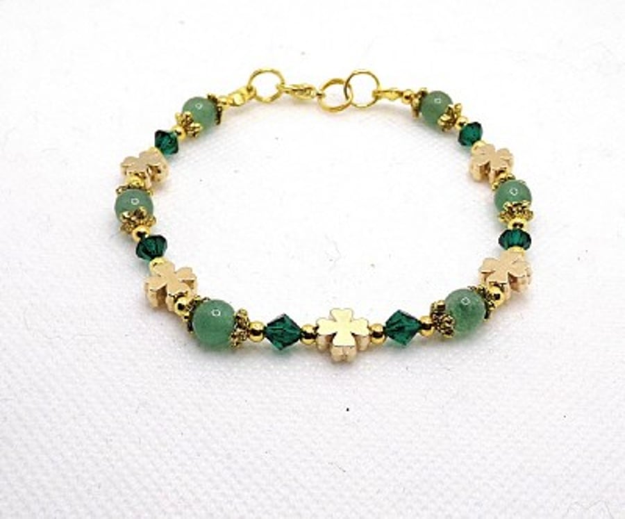 Green Aventurine,Crystal and Four Leaf Clover Bracelet