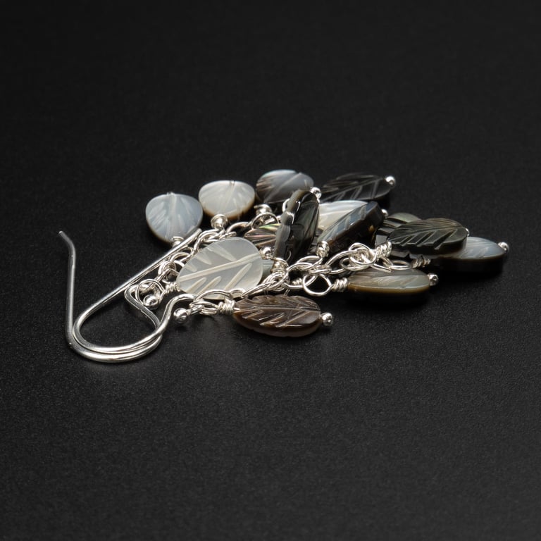 Mother of pearl and black lip shell sterling silver handmade double drop earring