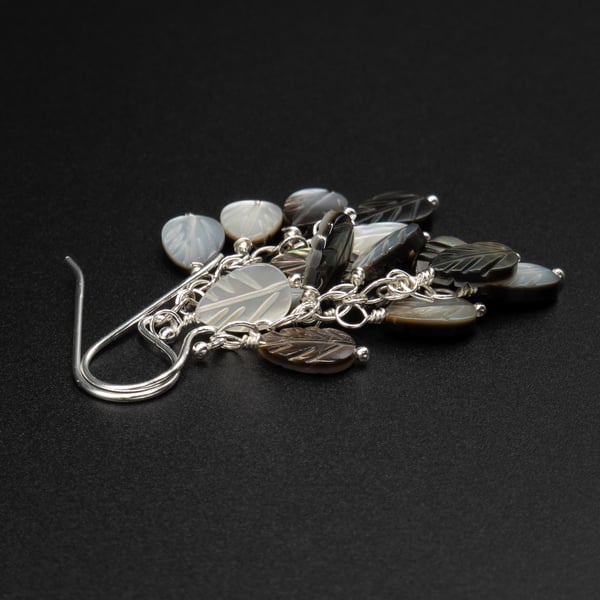 Mother of pearl and black lip shell sterling silver handmade double drop earring