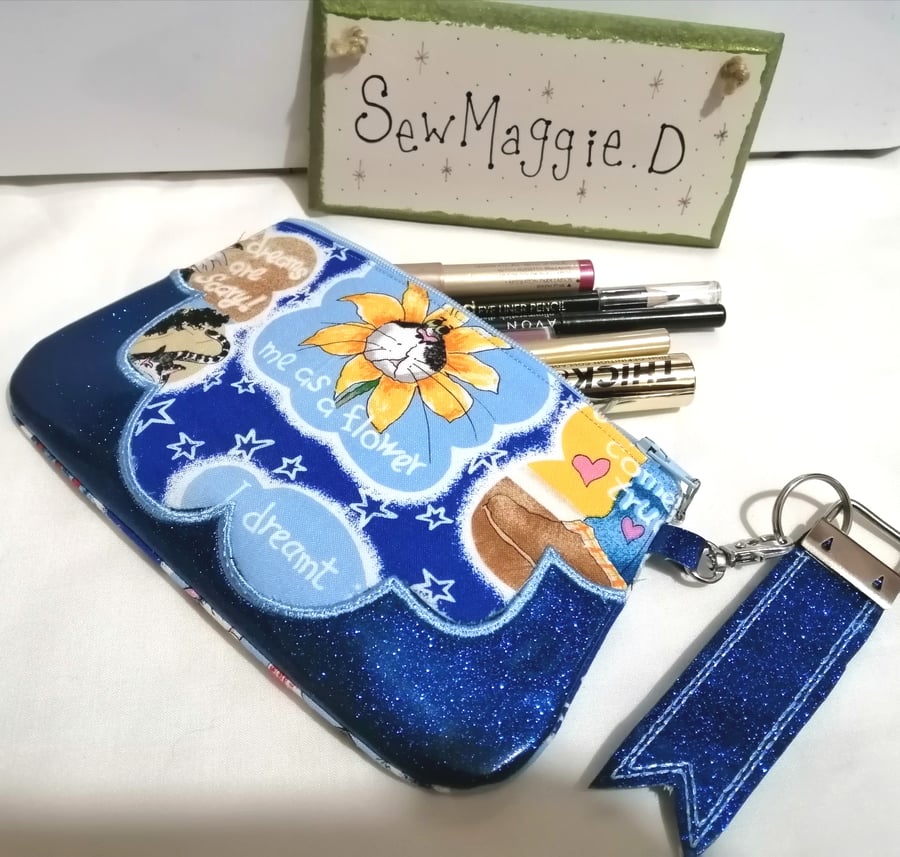  BAG IN BLUE ROBERT KAUFMAN CATBERRY FABRIC AND GLITTER VINYL WITH KEYFOB 