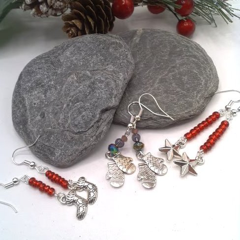 Silver Christmas Charm & Beads Earrings, Stockings, Stars, Mittens, Secret Santa