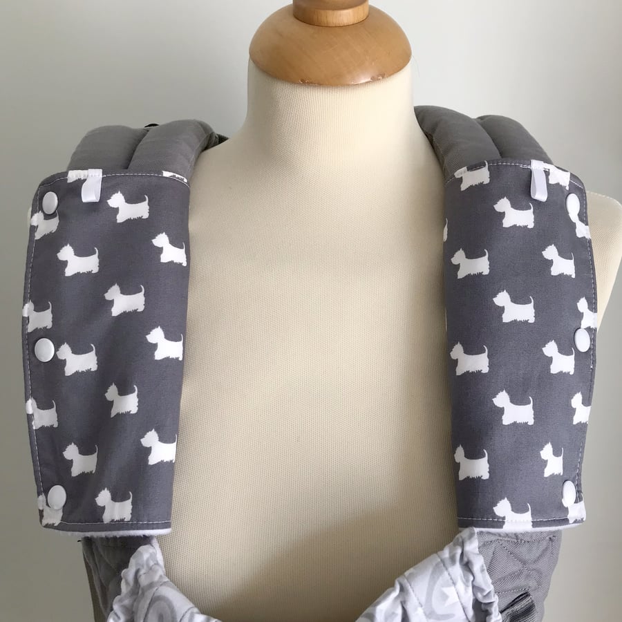 DROOL PADS Strap Covers for ERGO or CUSTOM Baby Carrier Grey Scottie Dog Fabric
