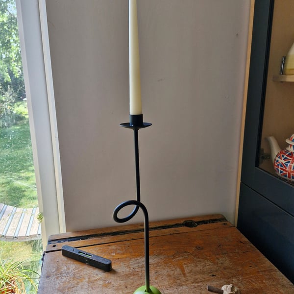 Single Metal Candle Holder Satin Black and Green