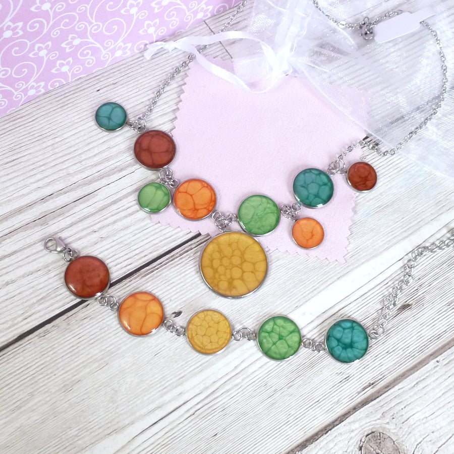 Rainbow necklace and bracelet set, bright multicolour jewellery set