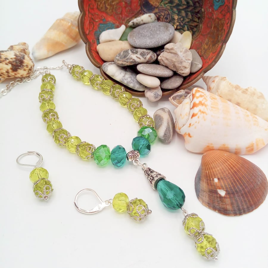 Beautiful Bundle, Shades of Green Crystal Bead  Necklace with Matching Earrings