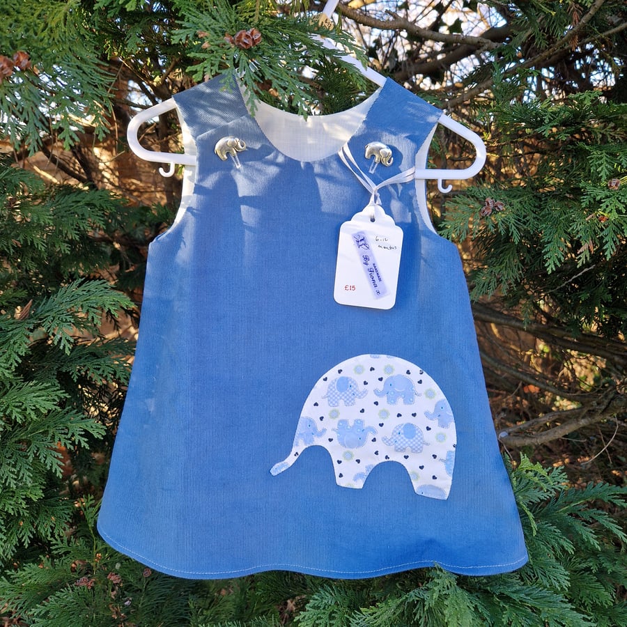 Age: 6-12m. Blue Elephant Applique Needlecord dress. 