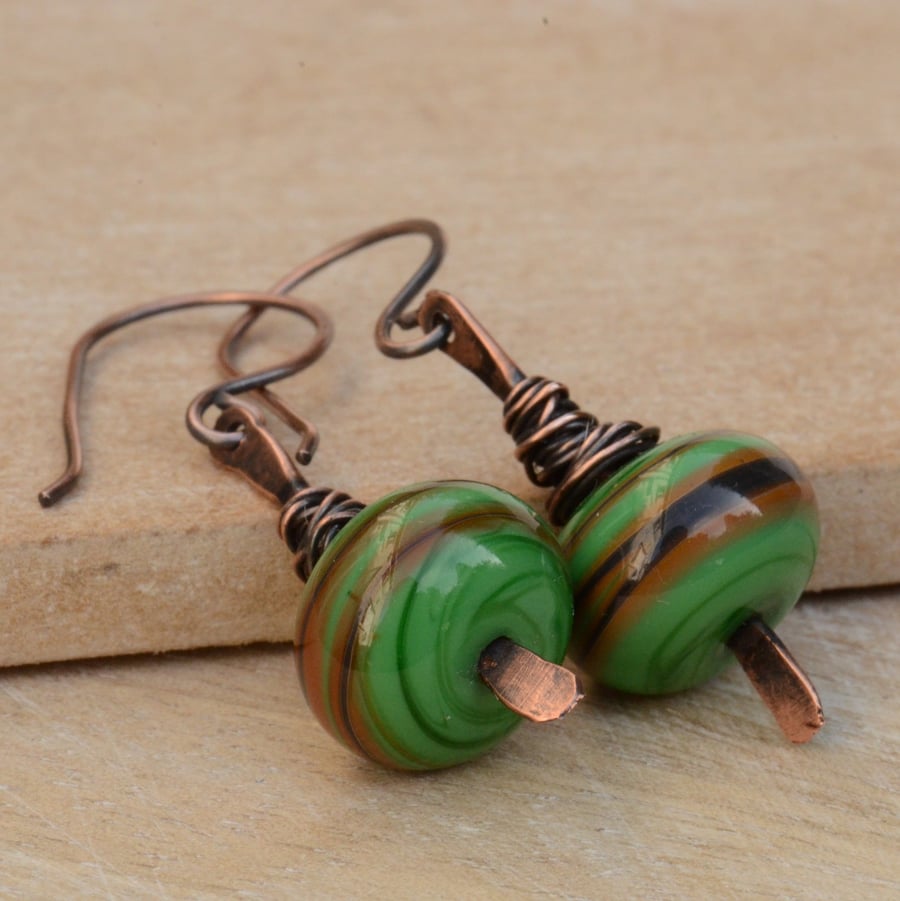 Green & Chocolate Brown Lampwork Glass and Copper Earrings