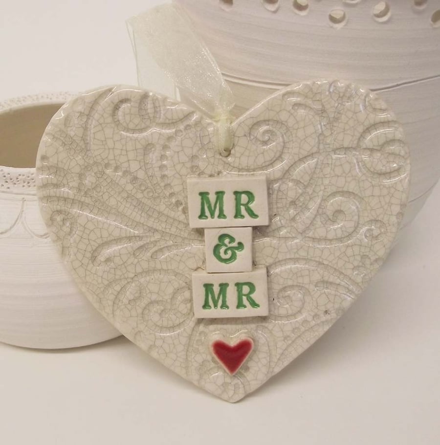 Ceramic Wedding heart decoration Mr and Mr Groom