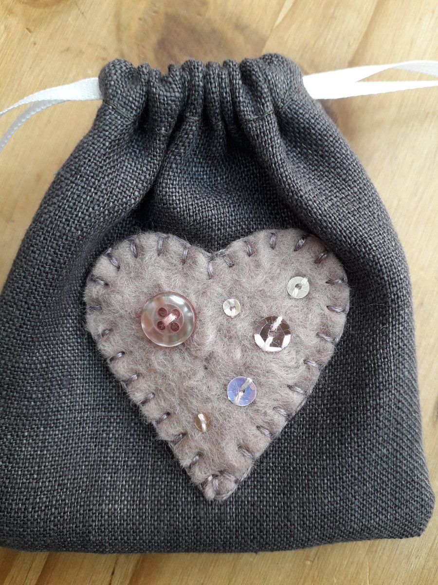 Linen Drawstring Pouch, Charcoal with Dusky Pink Heart